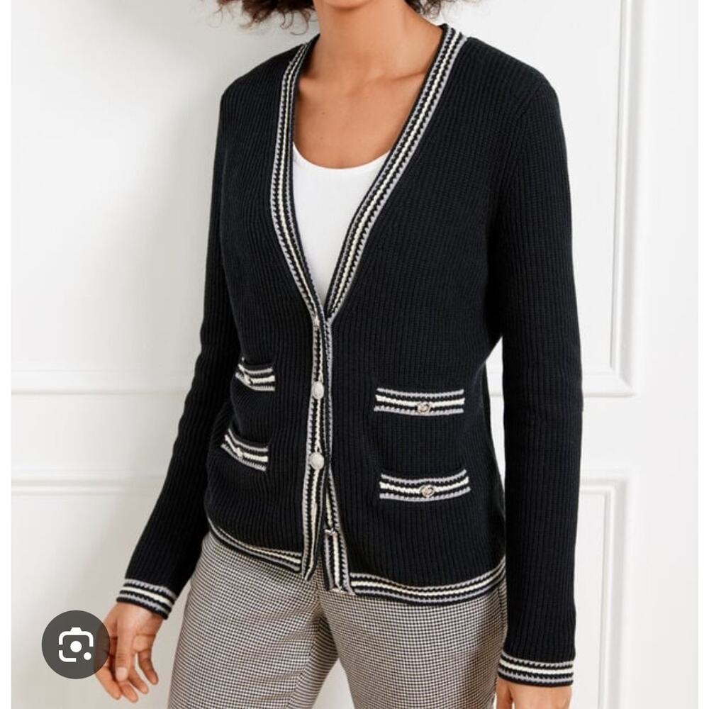 Talbots Cardigan Womens‎ MP Blue V-Neck Varsity Preppy Tennis Minimalist